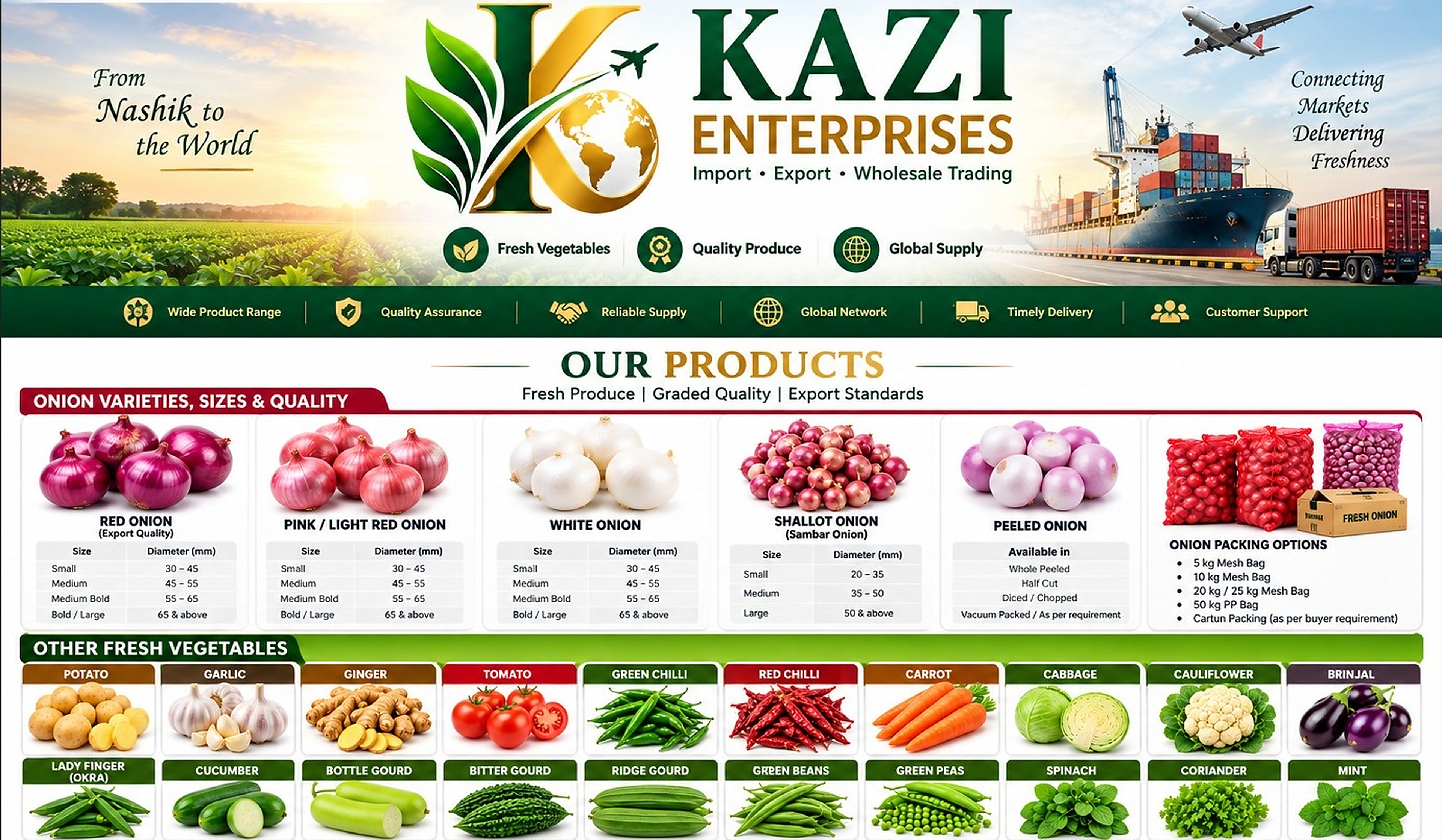 Kazi Enterprises import export welcome page, onion varieties and fresh vegetable product catalogue